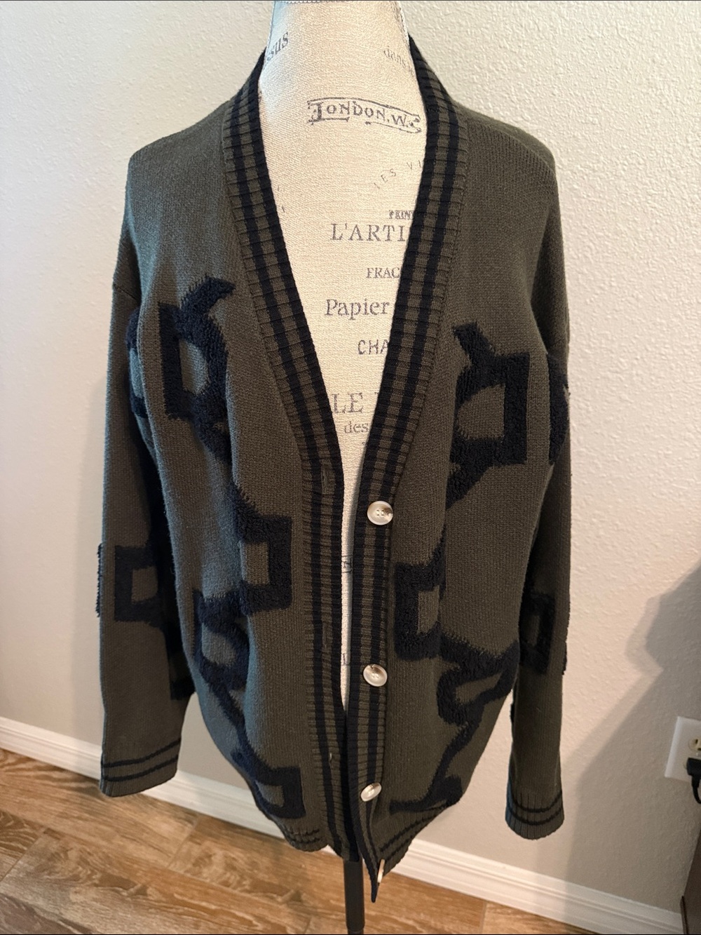 Women’s Olive Green & Black Patterned cozy boyfriend style Cardigan